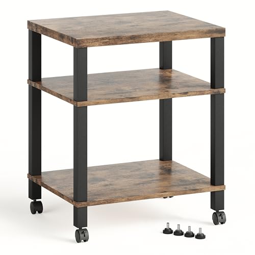 3-Tier Printer Stand with Wheels, Large Under Desk Rolling Cart for Office Storage, Heavy Duty Machine Stand with Adjustable Shelf, 22.04"x17.71"x26.54", Rustic Brown - color: Rustic Brown, size: Large