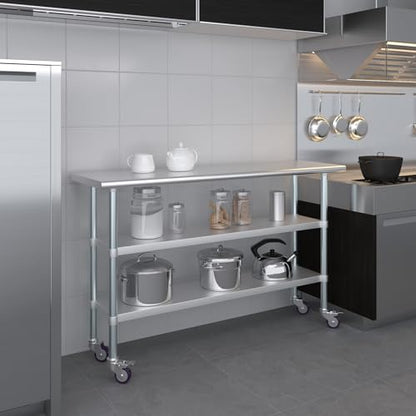 AmGood Stainless Steel Work Table with 2 Shelves and Casters | Metal Utility Table On Wheels (Stainless Steel Work Table with 2 Shelves + Casters, 60" Long x 18" Deep) - size: 60" Long x 18" Deep