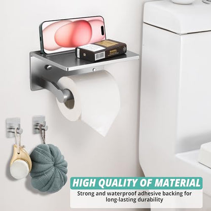 Toilet Paper Holder with Shelf and 2 Towel Hooks - Self Adhesive Toilet Paper Storage - Tissue Roll Holder with Phone Shelf - Wall Mount Toilet Roll Bathroom Organizer - Brushed Nickel - color: Brushed Nickel - 2 Hooks