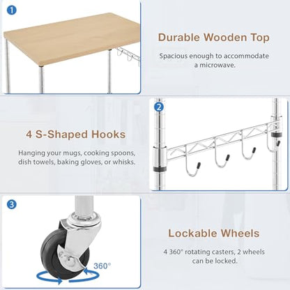 BolDuck 450Lbs Capacity Microwave Cart with Wheels, 3 Tier Rolling Cart with Adjustable Shelves, Multifunctional Metal Utility Storage Kitchen Carts on Wheels, 23.6" L*15.7" W*37" H, Wood+Chrome - size: 23.6"L*15.7"W*37"H with Adjustable Shelves