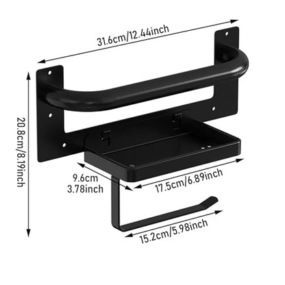 Black Toilet Paper Holder with Assist Bar Toilet Grab Bar Stainless Steel - Assistance Handle with Toilet Roll Holder and Shelf Wall Mounted Grab Bars with Toilet Paper Holder for Elderly Seniors