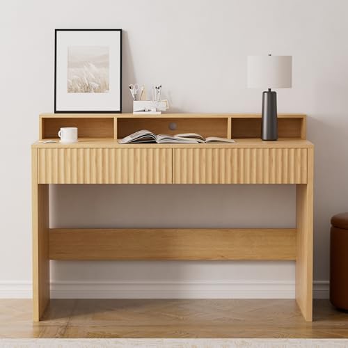 47" Executive Desk with Fluted Drawer, Modern Home Office Desk with Long Monitor Stand and 2 Drawers, Computer Writing Desk for Study Office Vanity, Natural Oak - color: Nautral Oak, size: 46.6"W x 14.7"D x 34.3"H