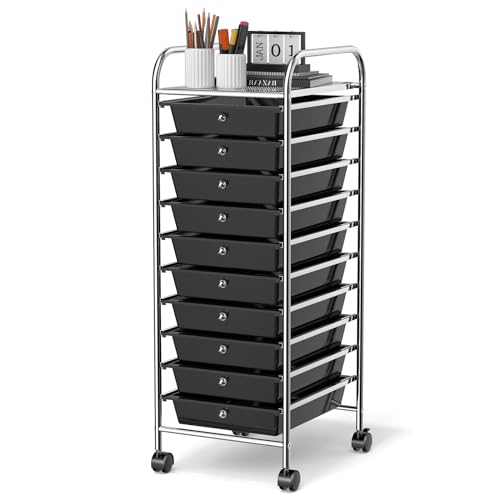 GLACER 10 Drawers Rolling Cart, Storage Cart with w/Removable Drawers & Steel Frame, Utility Mobile Trolley w/Universal Casters & 2 Brakes, Organizer Cart for Home, School, Office (Black) - color: Black, size: 10 Drawers (Small)