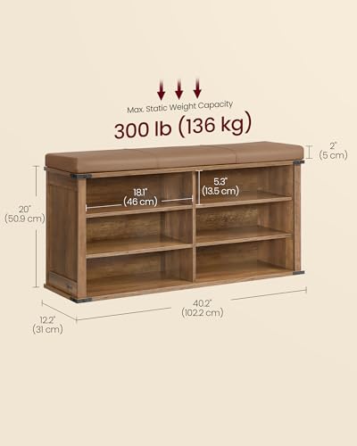 VASAGLE LIRY Collection - Shoe Storage Bench with Removable Cushion, Shoe Rack with Padded Seat, Entryway Bench with 6 Open Compartmens, Adjustable Shelves, Honey Brown ULSB105K01 - color: Honey Brown, size: 12.2"D x 40.2"W x 20"H