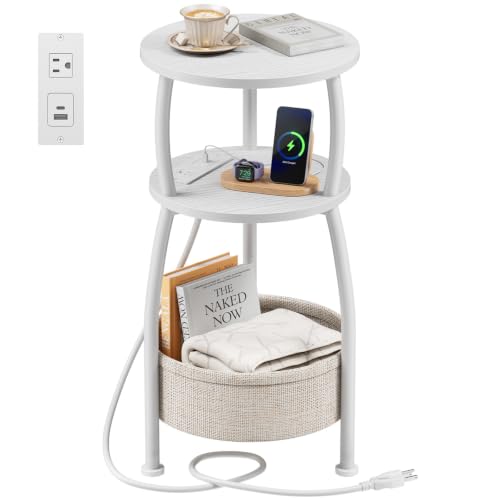 Round Side Table, 3-Tier End Table with Power Outlets, Small Table with Storage Basket, Coffee Table Sofa Side Table for Small Spaces, Nightstand for Living Room Bedroom, 11.81in, Matte White - color: Matte White, size: 11.81" Dia With Power Strip