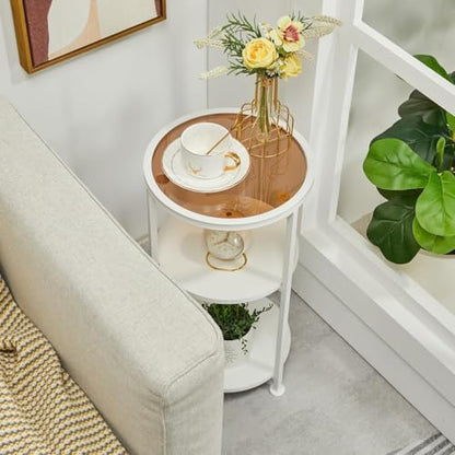 Modern 3-Tier Round End Table with Amber Tempered Glass Top, 11.8" Small Side Table for Living Room, Bedside Nightstand with Metal Frame & MDF Shelves for Small Spaces, White & Gold-Tone Accents - color: White