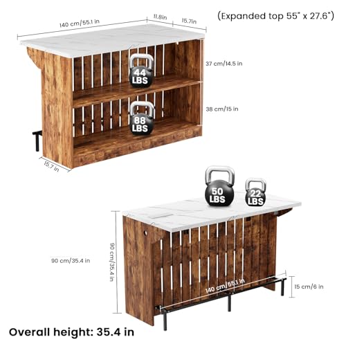 Home Bar Unit with LED Lights and Charging Station, Imitation Marble Mini Coffee Bar Pub Table with 2-Tier Storage, Footrest, Drop Leaf Kitchen Islands for Dining Room, Bistro, Living Room