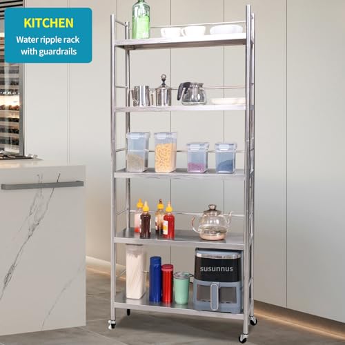 susunnus Stainless Steel Shelf,Shelves for Storage,Metal Kitchen,Garage Shelf,with Wheels,Rolling Shelves,Adjustable Height,Weight Capacity 440LB(27.6in*10.2in-5Twith guardrails) - size: 27.6in*10.2in-5T