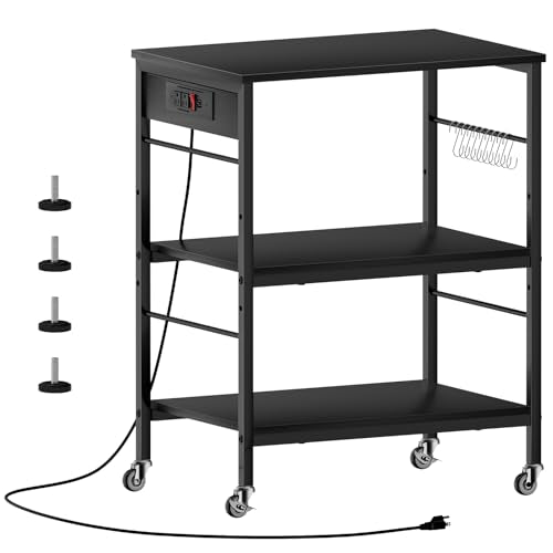 Bakers Rack with Power Outlet Black Coffee Station Cart Table on Wheels Microwave Stand Table with Storage Shelf for Kitchen Living Room Bedroom - color: Black