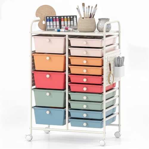DREAMADE 15 Drawer Rolling Storage Cart, Mobile Craft Storage Organizer with Metal Pegboard Panels, Tabletop & Lockable Wheels, Utility Cart for Classroom, Office, Studio, Playroom (Macaron) - color: Macaron, size: With Pegboard - 25" x 14.5" x 34.5"