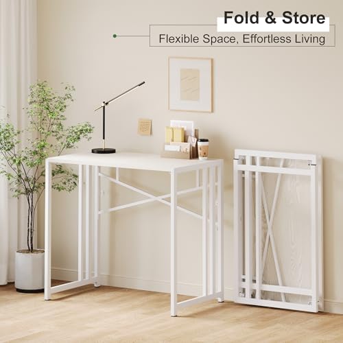 Lutown-Teen 35 inch Small Folding Desk, Writing Gaming Computer Camping Desk for Small Spaces, No Assembly Required Home Office Table, Natural and White - color: Natural and White, size: 35 Inch