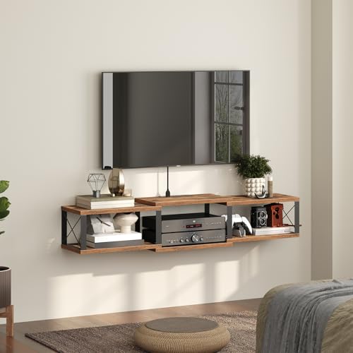 MAHANCRIS 43.7” Floating TV Stand with Power Outlet, Wall-Mounted Entertainment Center, Floating Metal Frame Media Console Shelf for Under TV Storage, for Living Room, Bedroom, Rustic Brown TVHR101E01 - color: Rustic Brown