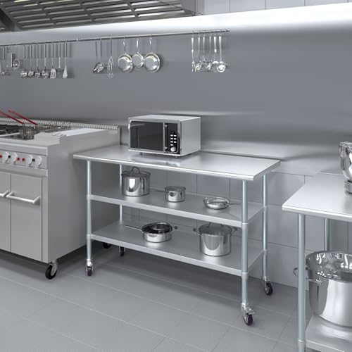 AmGood Stainless Steel Work Table with 2 Shelves and Casters | Metal Utility Table On Wheels (Stainless Steel Work Table with 2 Shelves + Casters, 60" Long x 24" Deep) - size: 60" Long x 24" Deep
