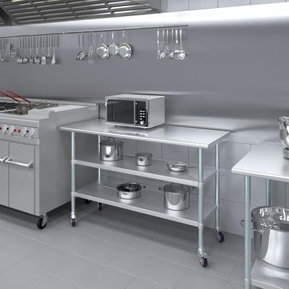 AmGood Stainless Steel Work Table with 2 Shelves and Casters | Metal Utility Table On Wheels (Stainless Steel Work Table with 2 Shelves + Casters, 60" Long x 24" Deep) - size: 60" Long x 24" Deep