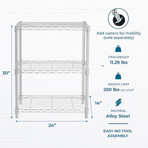 Honey-Can-Do 3-Tier White Wire Shelf, NSF, 250 lb/Shelf, 14x24x30 in | 750 lb total; NSF-certified steel; adjustable rust-resistant shelves for closet, kitchen & garage; no tools needed - color: White, size: 250 lbs per shelf