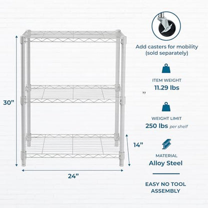 Honey-Can-Do 3-Tier White Wire Shelf, NSF, 250 lb/Shelf, 14x24x30 in | 750 lb total; NSF-certified steel; adjustable rust-resistant shelves for closet, kitchen & garage; no tools needed - color: White, size: 250 lbs per shelf