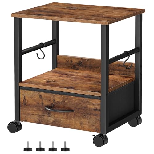 HOOBRO 2-Tier Printer Stand, Under Desk Printer Table with Drawer, Printer Cart with Storage, with Casters/Adjustable Feet, for Home Office, Study, Living Room, Rustic Brown and Black, BF20PS01