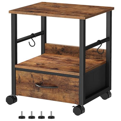 HOOBRO 2-Tier Printer Stand, Under Desk Printer Table with Drawer, Printer Cart with Storage, with Casters/Adjustable Feet, for Home Office, Study, Living Room, Rustic Brown and Black, BF20PS01
