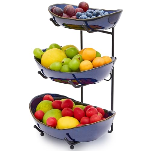 DUJUST 3 Tier Fruit Bowl, Kiln Altered Glaze Ceramic Fruit Stand, Stackable & Easy to Store, Multifunctional Serving Tray for Fruit/Vegetables/Snacks, Microwave & Dishwasher Safe - Dark Blue - color: 3-Tier Dark Blue