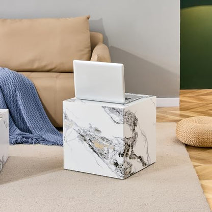 15.7" H Square Compact Coffee Table,Small Cube End Table,Modern Side Table with Stylish Faux Marble Pattern,Minimalist Accent Table for Living Room,Office,Apartment,Nightstand(White,15.7") - color: White,15.7"h