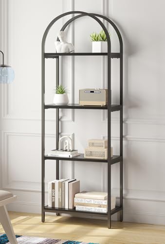 Bookshelf Arched Bookcase, 4 Tier Open Shelves with Metal Frame, Tall Freestanding Display Shelf for Home Office, Living Room,Easy Asssemble, Black - color: Black, size: 4 Tier Arched