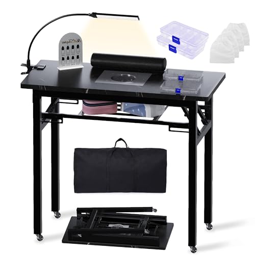 Portable & Foldable Manicure Table w/Dust Collector, Rolling Nail Tech Desk w/LED Light Lamp, Wrist Cushion, Lockable Wheels, Carrying Case, for Home Travel Beauty Salon Workstation (Marble Black) - color: Marble Black