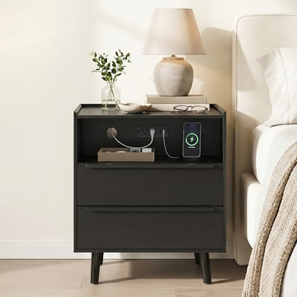 26 Inch Tall Black Oak Nightstand with Charging Station, 2 Drawers | 24 inch wide, 16 inch deep design with raised-edge tray top, open shelf, hidden storage, and a streamlined look - color: Black Oak