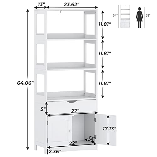 DICTAC Kitchen Pantry Storage Cabinets Freestanding Tall Bathroom Cabinet with Shelves and Drawer 64''H Sideboard Microwave Space Cupboard Organizer for Home Office,White, 23.62x13x64.06inch | Freestanding - size: 23.62x13x64.06inch