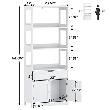 DICTAC Kitchen Pantry Storage Cabinets Freestanding Tall Bathroom Cabinet with Shelves and Drawer 64''H Sideboard Microwave Space Cupboard Organizer for Home Office,White, 23.62x13x64.06inch | Freestanding - size: 23.62x13x64.06inch