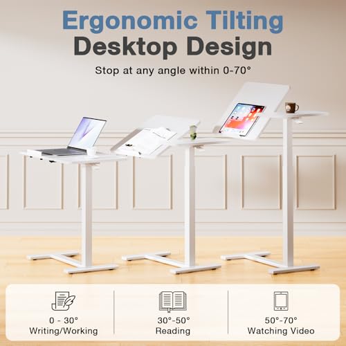 DUMOS Small Standing Desk Rolling Table Adjustable Height, Laptop Mobile Stand with Wheels, Portable Computer Workstation with Tiltable Desktop for Teacher Classroom Home Office, White - color: White