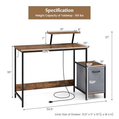 Tangkula Computer Desk with Charging Station, Home Office Desk with Reversible Fabric Drawer, Headphone Hook & Elevated Shelf, Study Writing Table, Industrial PC Workstation for Home