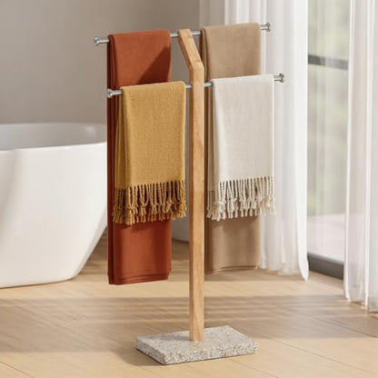KES Width Adjustable Free Standing Towel Rack with 3X Thicker Weighted Golden Granite Base, 2-Tier Wooden Towel Rack Stand for Bathroom Floor, 18/8 Stainless Steel, Brushed Finish, BTH800-GBS - color: Golden Granite