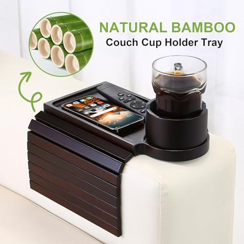 Couch Cup Holder Tray - 3 in 1 Couch Arm Table with 360° Rotating Phone Holder, Foldable Sofa Arm Tray for Drink Table, Snacks Table,Hold Cellphone Remote or Books - color: Walnut