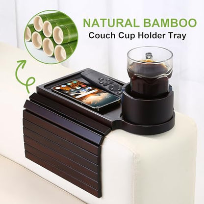 Couch Cup Holder Tray - 3 in 1 Couch Arm Table with 360° Rotating Phone Holder, Foldable Sofa Arm Tray for Drink Table, Snacks Table,Hold Cellphone Remote or Books - color: Walnut