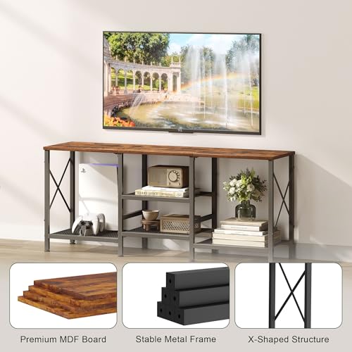 JARHETUN TV Stand for 55 Inch TV, Entertainment Center with 3-Tier Open Shelves, TV Console Table for Living Room, Bedroom, Rustic Brown - color: Rustic Brown