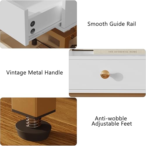 Night Stand Farmhouse Nightstand with Gold Metal Frame, Bedside Table with Drawer and Open Shelf, Sofa Side Table End Table for Bedroom, Living Room,White Yellow, 1 Pack - color: White 22"