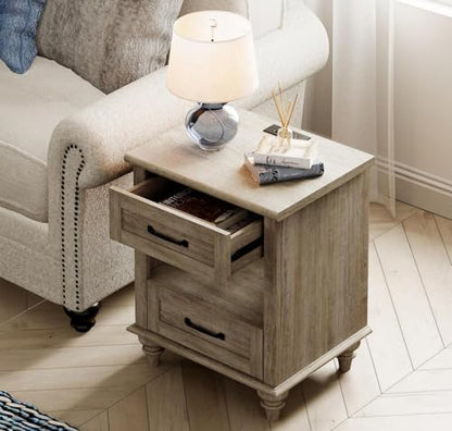 WAMPAT Side Table Nightstand with Charging Station, Farmhouse End Table with Drawer & Shelf for Living Room, Retro Night Stand Light Wood Bedside Table for Bedroom, Grey - color: Grey