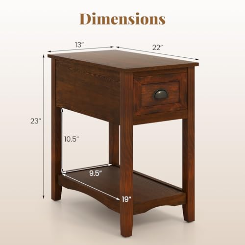 Giantex End Table with Drawer Set of 2, Retro Narrow Side Table, Nightstand with Solid Wood & Storage Shelf, Bedside Table for Living Room Bedroom Small Space Home Office (2, Walnut) - color: Walnut