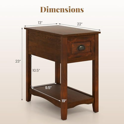 Giantex End Table with Drawer Set of 2, Retro Narrow Side Table, Nightstand with Solid Wood & Storage Shelf, Bedside Table for Living Room Bedroom Small Space Home Office (2, Walnut) - color: Walnut