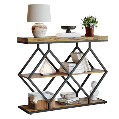 Garvee 3 Tier Console Table,39" Industrial Entryway Table,Open Wood Shelves | Sofa Table,Narrow Wood Accent Tables with Metal Frame for Hallway,Living Room,Behind Couch,Foyer,Entrance,Rustic Brown - color: Rustic Brown + Diamond-shaped