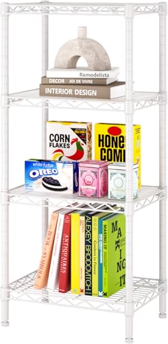 SINGAYE 4 Small Shelves Storage Shelf Wire Shelving Unit Metal Shelf Adjustable Organizers Storage Shelving with Wheels for Bathroom Laundry Room Kitchen Pantry11.5”D x 17.3”W x 44.5”H White - color: White, size: 4 Tier 11.6"Dx17.6"Wx44.5"H