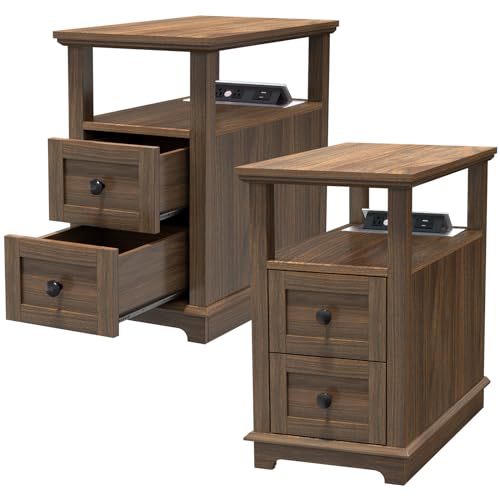 HIFYOBRO Narrow End Table with Flip Top Charging Station Set of 2, Side Table with 2 Drawers, Type-C & USB Port & Power outlets, Wooden Storage Cabinet for Living Room and Bedroom - color: Dark Walnut, size: 1 Set