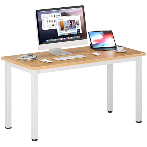 DlandHome 47 inches Medium Computer Desk for Bedroom, Teak and White | Decent Steady Home Office Desk, Writing Study Craft Work Table, Sturdy Metal Frame, Adjustable Feet, Compact Modern Design - color: Teak + White, size: 47 inch