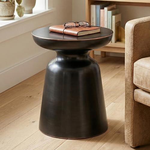 SIMPLIHOME Toby Metal Table - 17" Wide x 18" High Solid Iron Drum Accent Table in Antique Copper, Industrial Side or End Table for Living Room, Bedroom or Entryway with Sculptural Design, Assembled