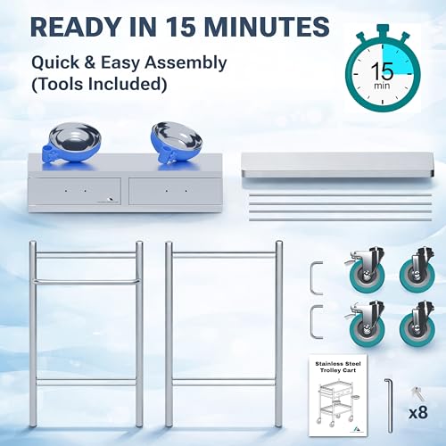 *Improved & Upgraded* Medical Stainless Steel 2 Tier Rolling Cart with Wheels and Drawers | Dental Hospital Nursing Trolley | Easy-to-Disinfect Phlebotomy Mobile Workstation