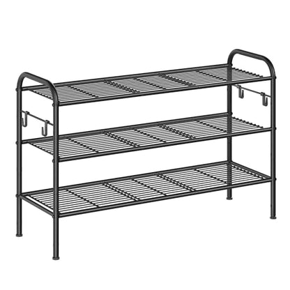 SONGMICS Shoe Rack, 3-Tier Shoe Organizer, Metal Shoe Shelf Storage with 4 Side Hooks, Holds 16 Pairs of Shoes, Height-Adjustable Shoe Rack for Entryway, Hallway, Closet, Ink Black ULMR138B01 - size: 3 Tiers (33.5"W)