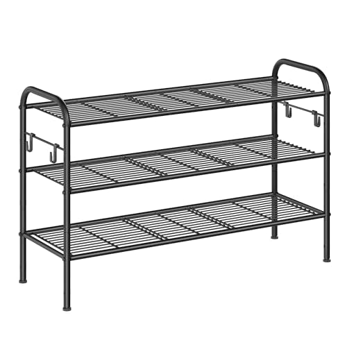SONGMICS Shoe Rack, 3-Tier Shoe Organizer, Metal Shoe Shelf Storage with 4 Side Hooks, Holds 16 Pairs of Shoes, Height-Adjustable Shoe Rack for Entryway, Hallway, Closet, Ink Black ULMR138B01 - size: 3 Tiers (33.5"W)