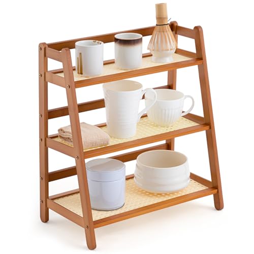 Yalikop 3 Tier Matcha Station Shelf Bamboo Coffee Mug Stand Countertop Storage Rack,Three Layer Rattan Office Cup, Kitchen, Tea, Plant, Bar Accessories Condiment Display(Brown)