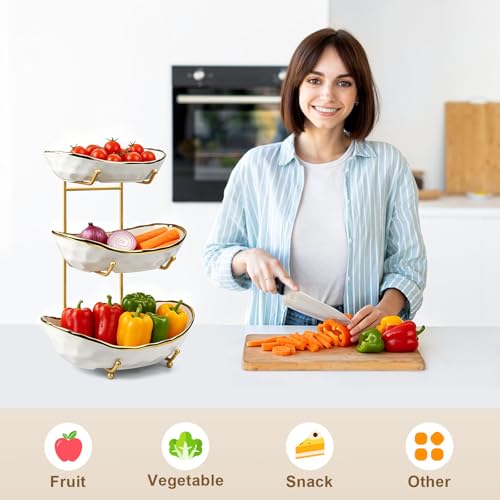 Fruit Bowl for Kitchen Counter - 3 Tier Ceramic Fruit Rack, Fruit Basket for Fresh Fruit&Veggies, Tiered Fruit Platter Serving Trays for Party - color: White-3 Tier