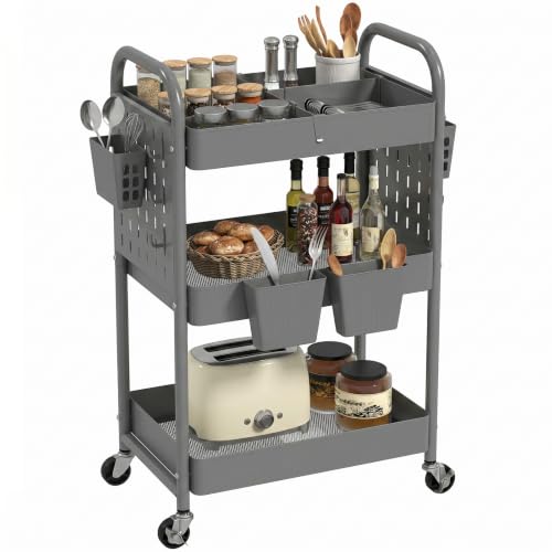 danpinera 3 Tier Rolling Cart with Retractable Dividers, Multi-Functional White Rolling Utility Cart with Pegboards, Hooks & Hanging Cups for Nursery, Living Room, Studio - color: Gray